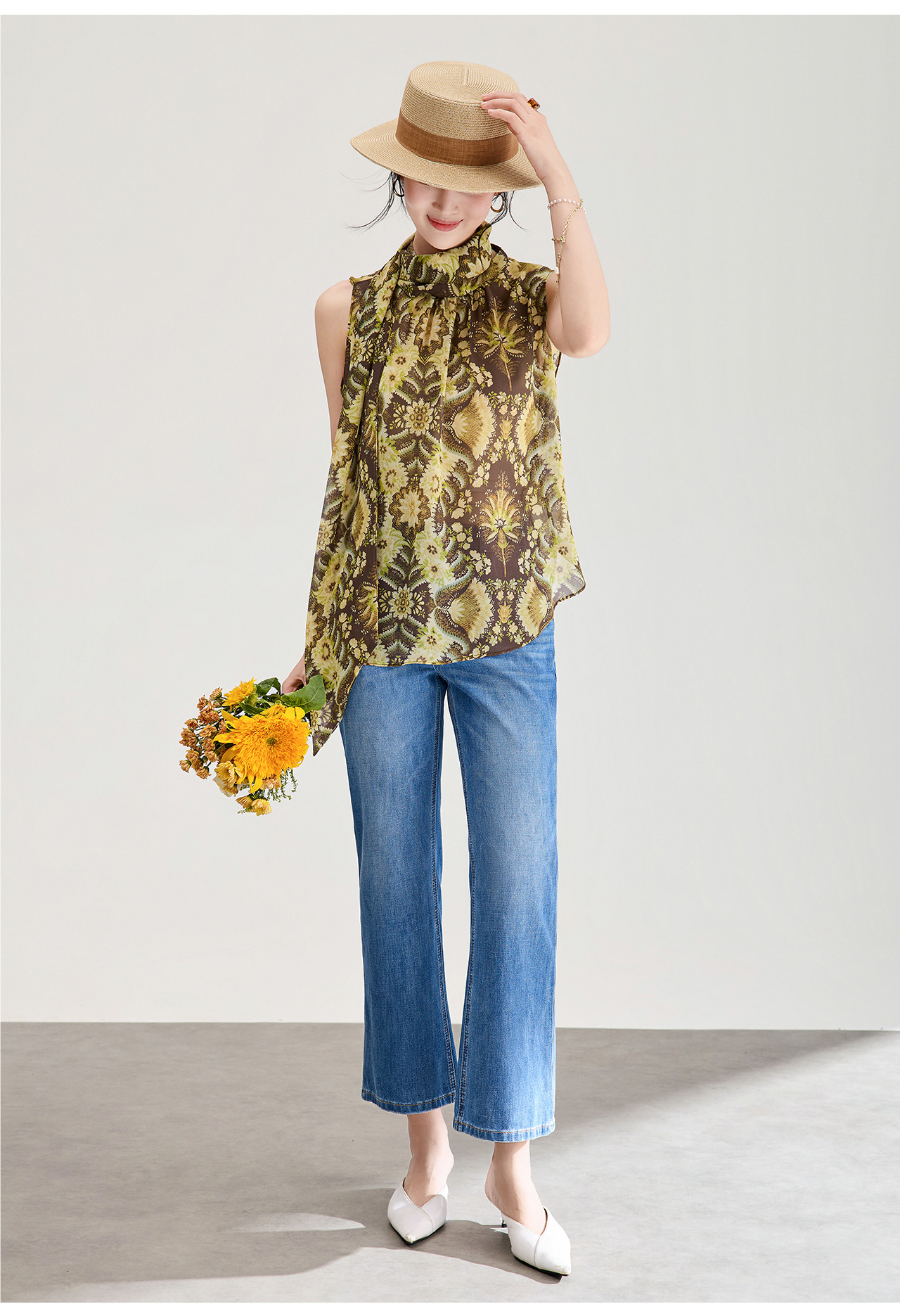 Áo hai dây nữ chất liệu chiffon in hoa, phối dây lụa, phong cách thanh lịch mùa hè — màu xám chi tiết 13