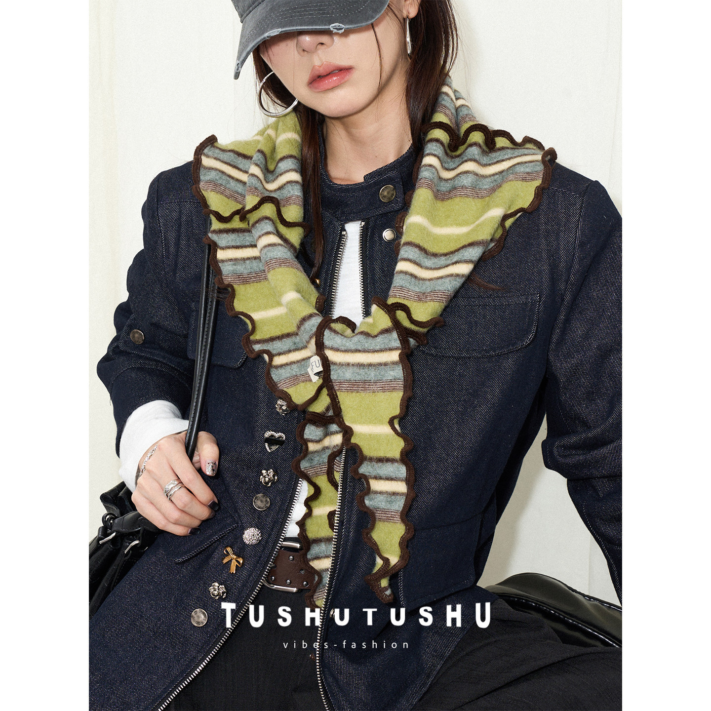 Export Korean style~Colorful striped vintage ruffled triangle scarf for women, fashionable accessory for autumn and winter