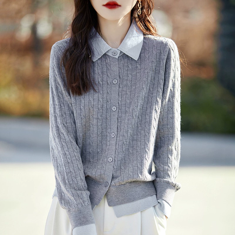 Женский вязаный кардиган из камвольной шерсти с воротником-поло, контрастный многослойный свитер, свободная шерстяная куртка