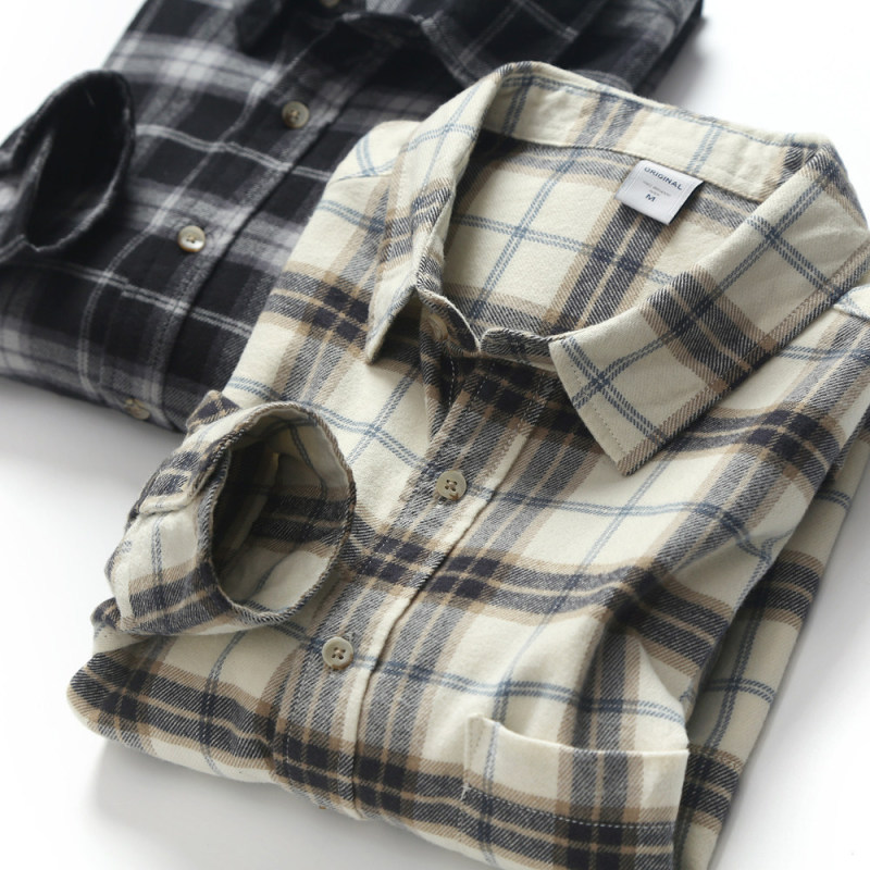 High-quality flannel! Original export overstock men's spring and autumn pure cotton casual plaid long-sleeve shirt