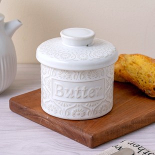 Cross-Border Hot Selling Retro White Kiln Glaze Butter Cup with Lid Household Relief Ceramic Butter Box Cheese Storage Jar