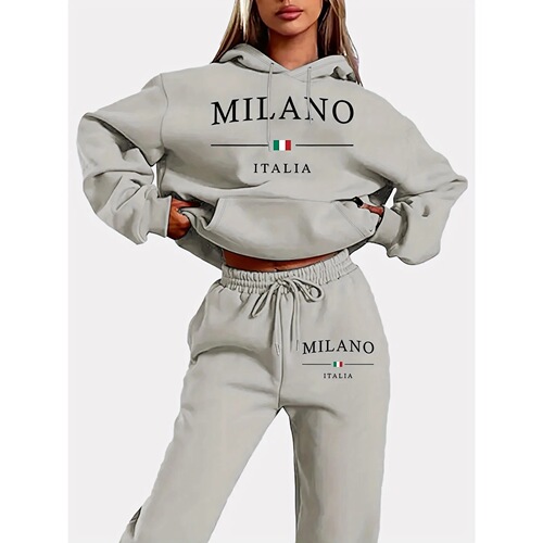 Cross-border European and American foreign trade New women's clothing fashionable casual loose hooded hooded sweater set printed medium women's large size