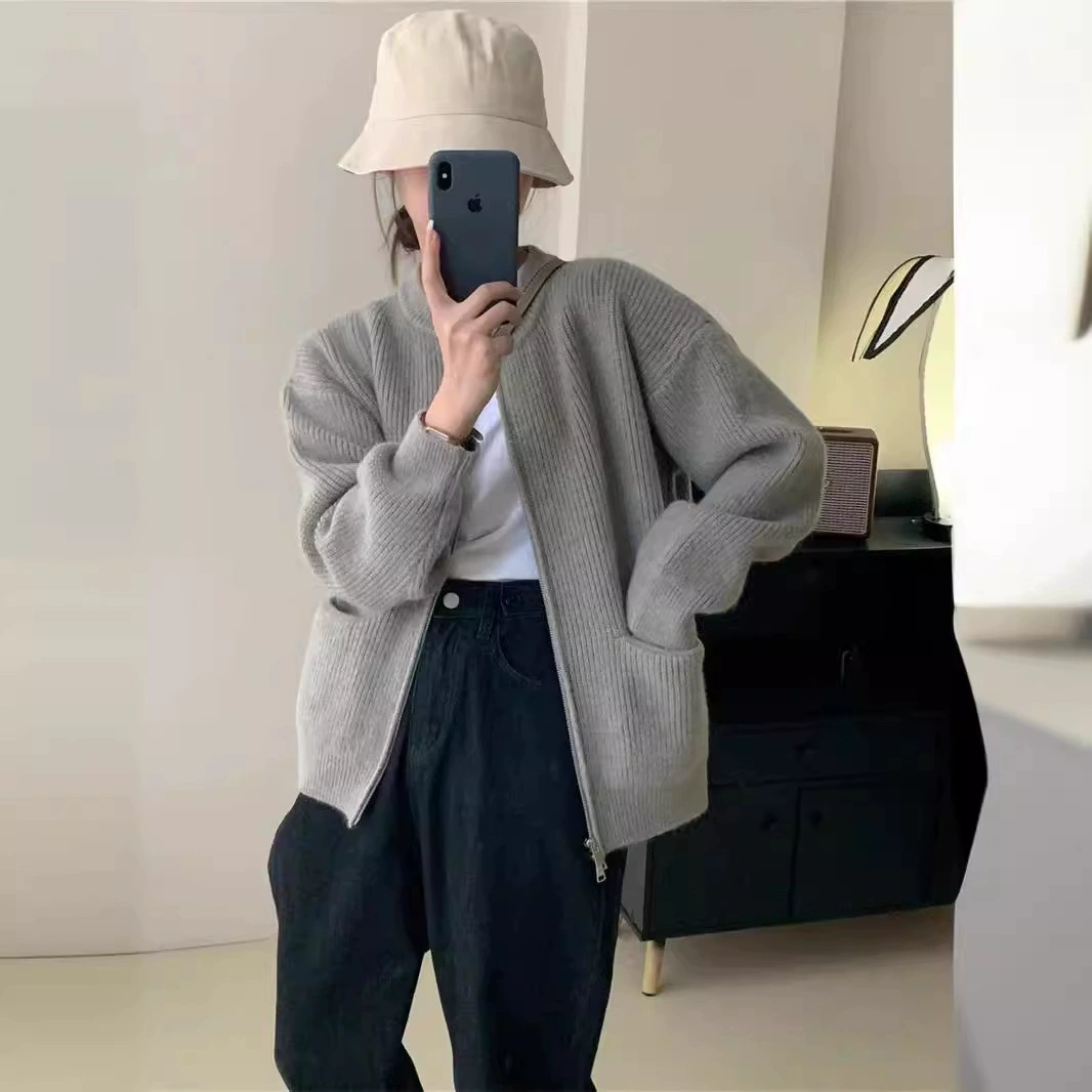 Дизайн двойной застежки-молнии вязаный свитер женский весенний и осенний новый круглый вырез конфеты кардиган топ пальто