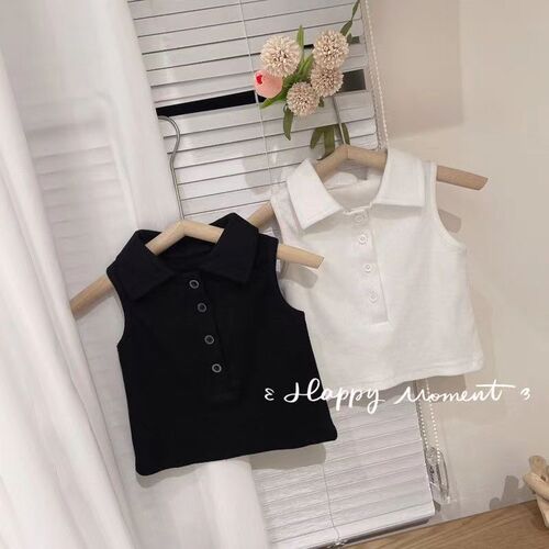 Baby Girls Summer Top with Backless Strap, Trendy and Fashionable Children's Individual Style Korean Version, Viral Solid Color Polo Shirt