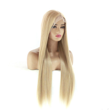 Oro claro largo recto frente de encaje fibra química peluca de seda de alta temperatura gancho de mano fábrica LW0127