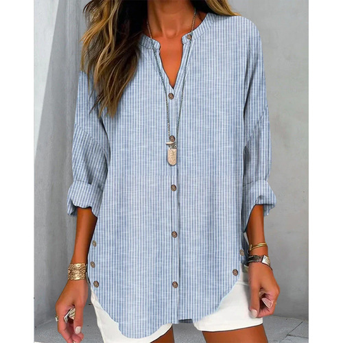  Amazon Women's Autumn and Winter New Cross-border European and American Casual Fashion Button Stripe Long-sleeved Solid Color Shirt 