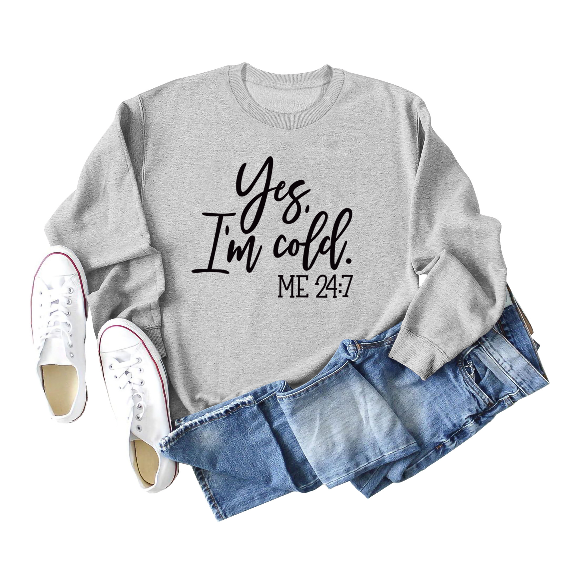 Suéter de punto con estampado de letras casuales sueltos de Amazon Yes 'I'm Cold nueva ropa de mujer de comercio exterior con cuello redondo