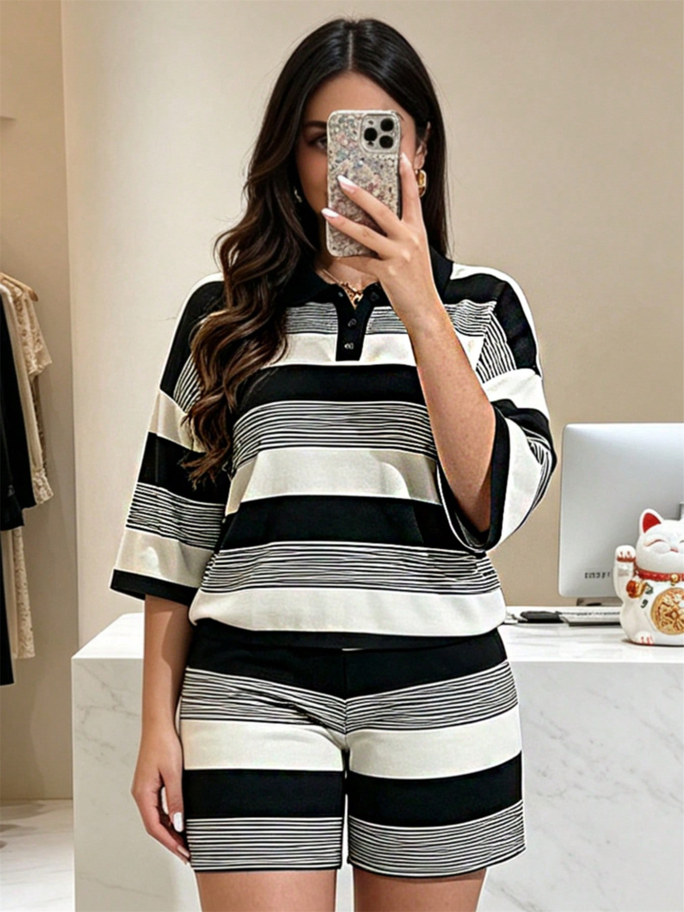 Women's Color Blocked Striped Polo Collar Short Sleeve T-Shirt And Shorts Set Casual Spring/Summer Hot Sale_ecoleips.com