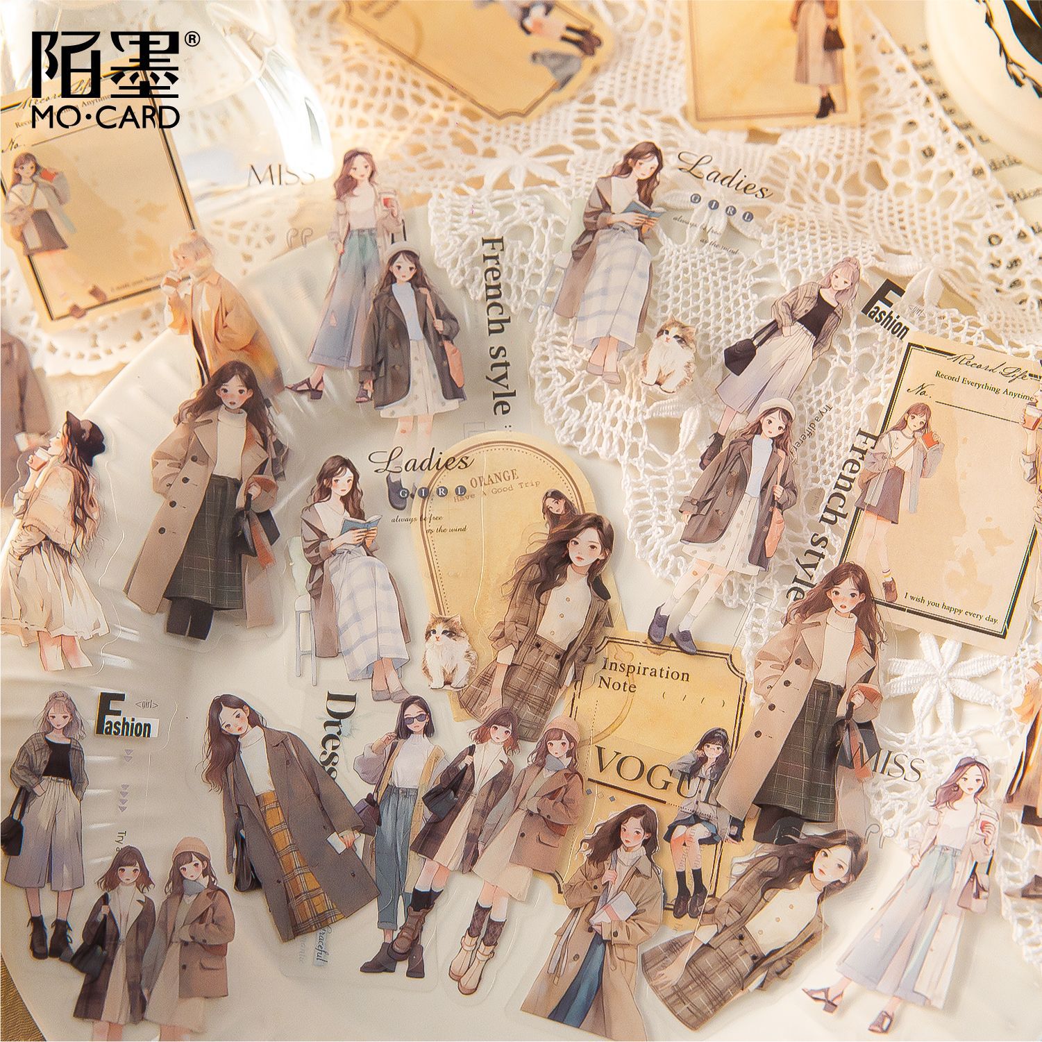 Boleto de pegatina de tinta blanca Mo Mo PET, taza de café, serie de tiempo, etiqueta decorativa de bricolaje de cuenta de sal retro ligera