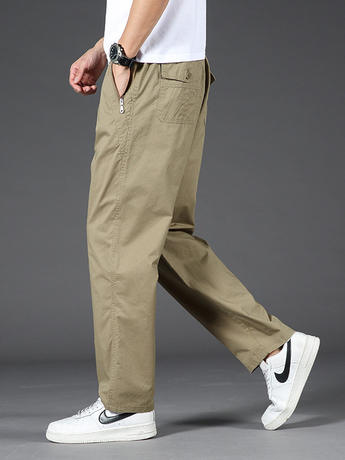 Spring and Autumn Pure Cotton Tooling Pants Men's Casual Pants Thin Straight-tube Loose Wide-leg Fat Man plus size Plus Fat Trousers