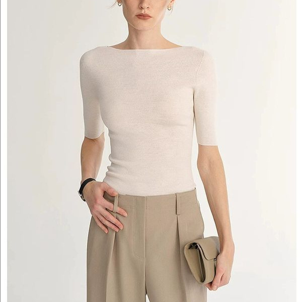 French Style One-Line Collar Half-Sleeved T-Shirt for Women Summer Ice Silk Knitwear Tight-Fitting Three-Quarter Sleeve Inner Bottoming Top