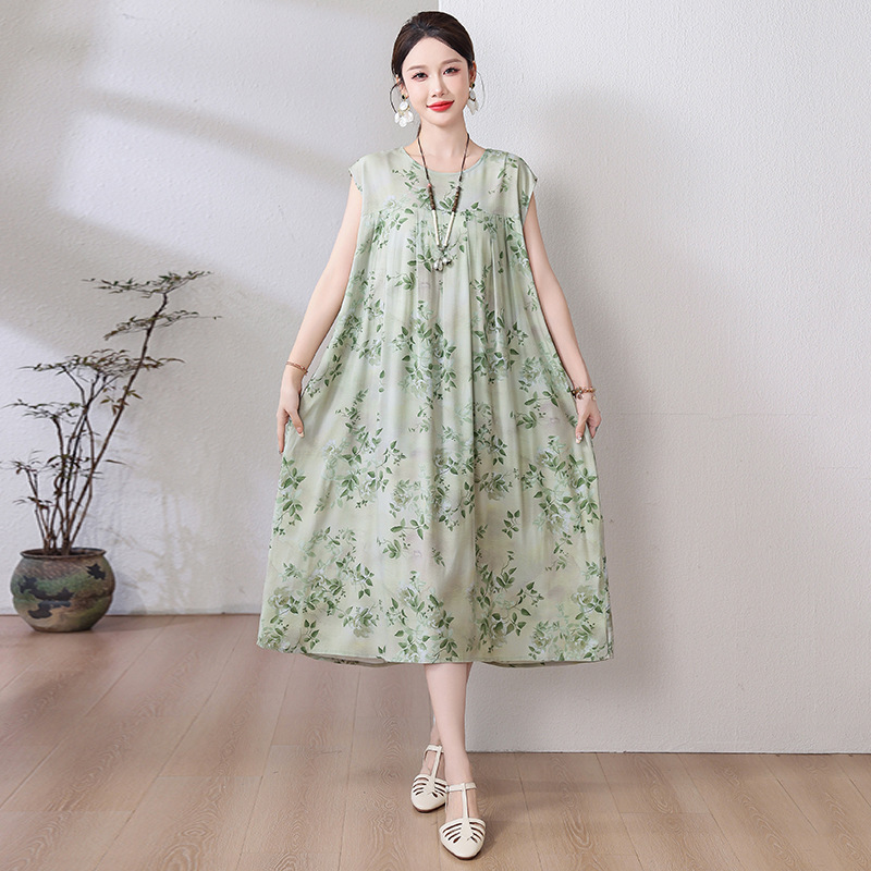 お母さんの綿のシルクのワンピースの半袖の中で老年の夏服の大きいサイズの婦人服は太ってゆったりしている人工綿のスカートの女性をプラスします。|undefined