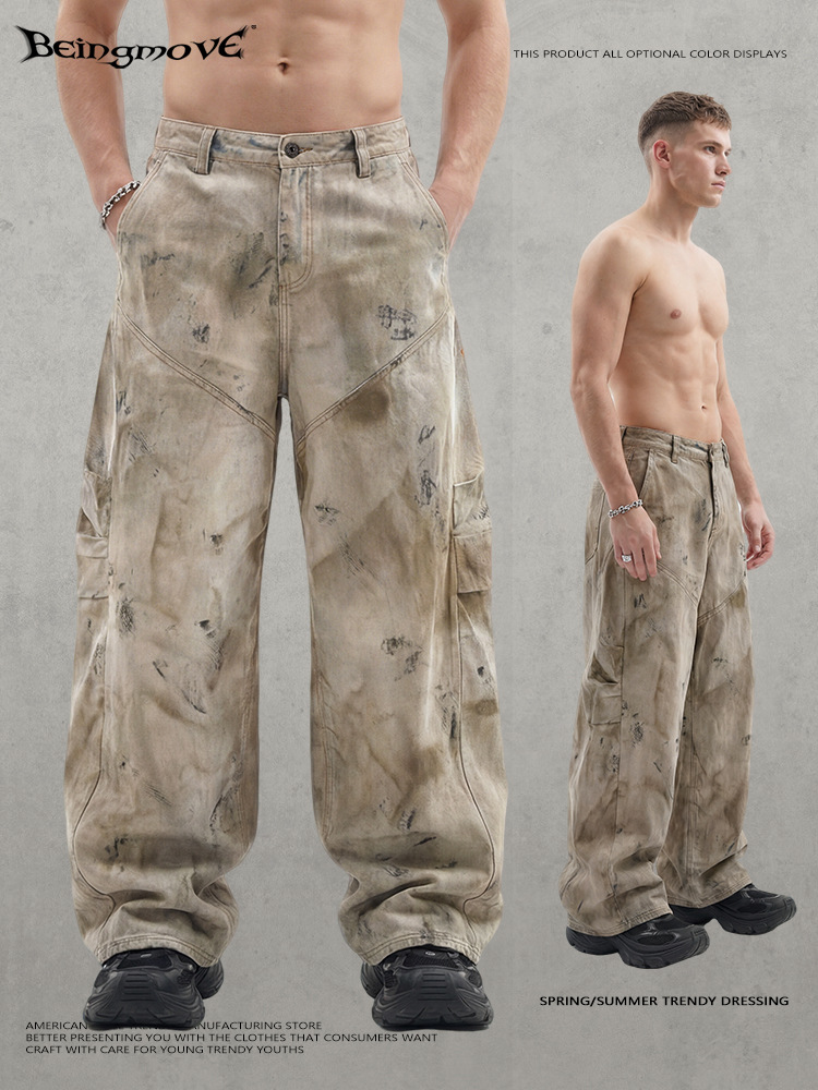 Calle secada| Marca de moda americana callejera retro lavado con agua hace viejos jeans amarillos de barro texturizados sueltos pantalones de hombre
