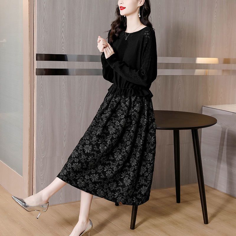 Knitted Drawstring Slimming Long Base Dress New Mid-Waist Dress Wool Sweater Spring and Autumn Spliced Wide Hem Jacquard