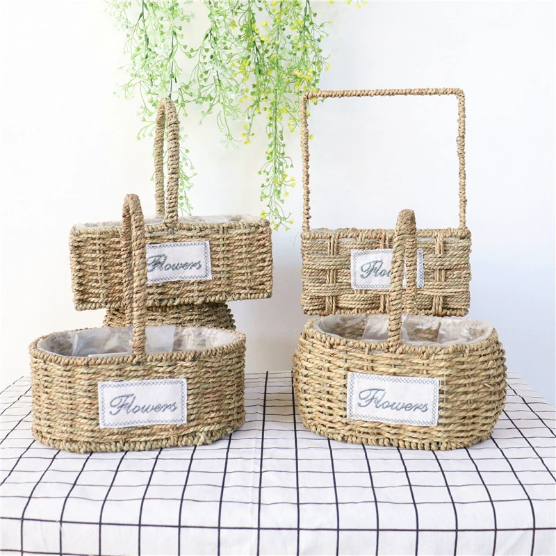 Straw handheld flowerpot, woven basket, J64