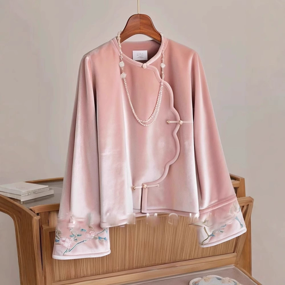 2025 весна и осень новый темперамент моды высокого уровня уникальный супер красивый новый китайский стиль розовое бархатное пальто для женщин
