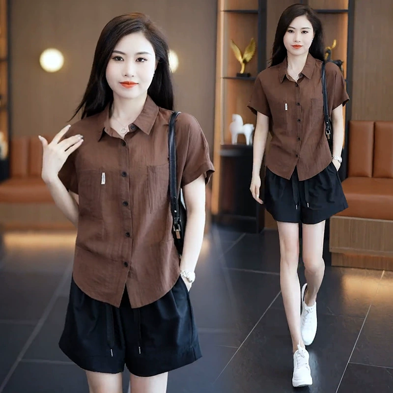 Модная повседневная женская рубашка с короткими рукавами, новинка лета 2024, свободный универсальный топ из ледяного шелка, скрывающий животик