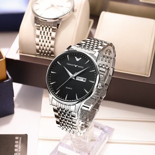 New Men's Watch Waterproof Steel Band Business Dual Date Quartz Men's Watch Cross-border