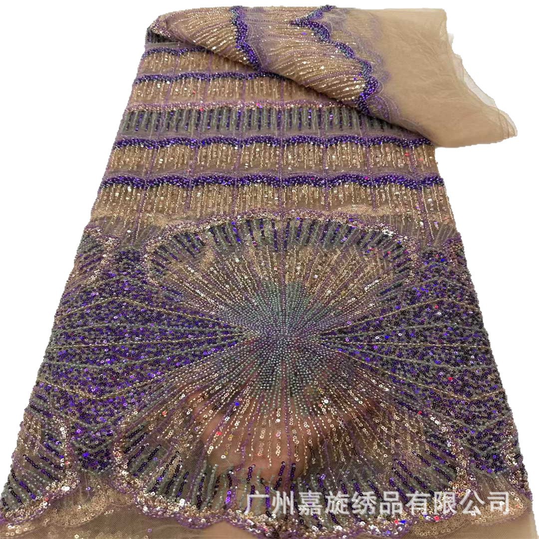 Tela africana multicolor con patrón de ondas grandes y bordado de lentejuelas y cuentas para vestidos, qipao, vestidos de novia y trajes de espectáculo.