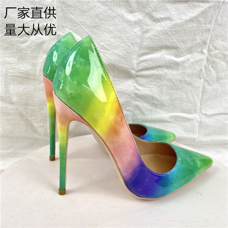 Cross-border foreign trade wholesale 2022 spring rainbow color matching high-heeled shoes 12cm pointed thin heel soft leather shallow mouth shoes