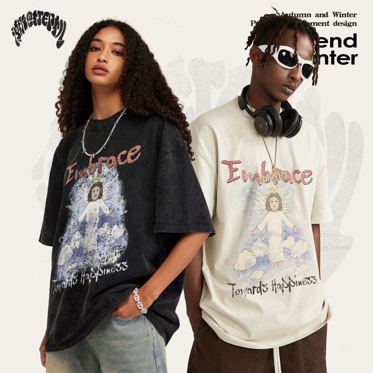 2025 primavera nueva marca de moda callejera retro inns lavado ángel impresión cuello redondo suelto gran camiseta de manga corta para hombres