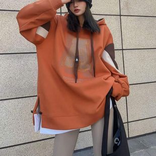 Plus size hooded fashion sweater Spring and Autumn new color matching overlapping A letter versatile Korean style western style fake two-piece top