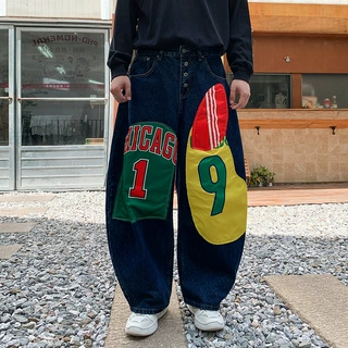 安洋潮流贴布拼接宽松牛仔裤2026秋季新款美式复古嘻哈弯刀长裤子