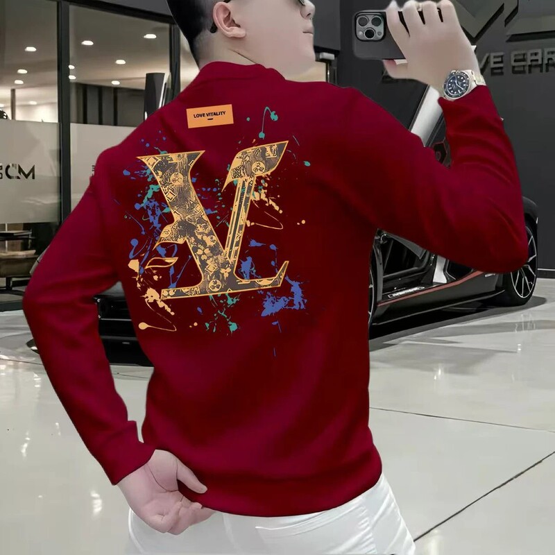 Trendy Fashion Light Luxury Printed Sweatshirt Men's Autumn and Winter Stylish Slim Fit Fleece Crew Neck Men's Top