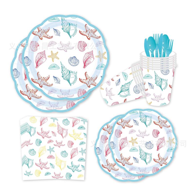 Ocean-Themed Birthday Party Decorations Tableware Seahorse Shell Disposable Tablecloth Lace Paper Plate Napkin Fork Shape