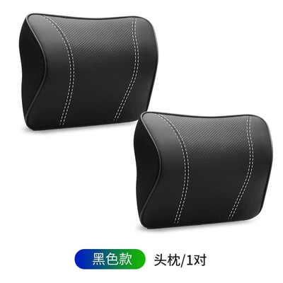 Headrest and Lumbar Support, Car Headrest - new-genuine-leather-memory-foam-headrest-black-with-white-thread-1-pair