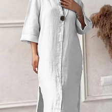 东南亚亚马逊TEMU跨境新款气质时尚纽扣纯色长连衣裙外贸批发黑色