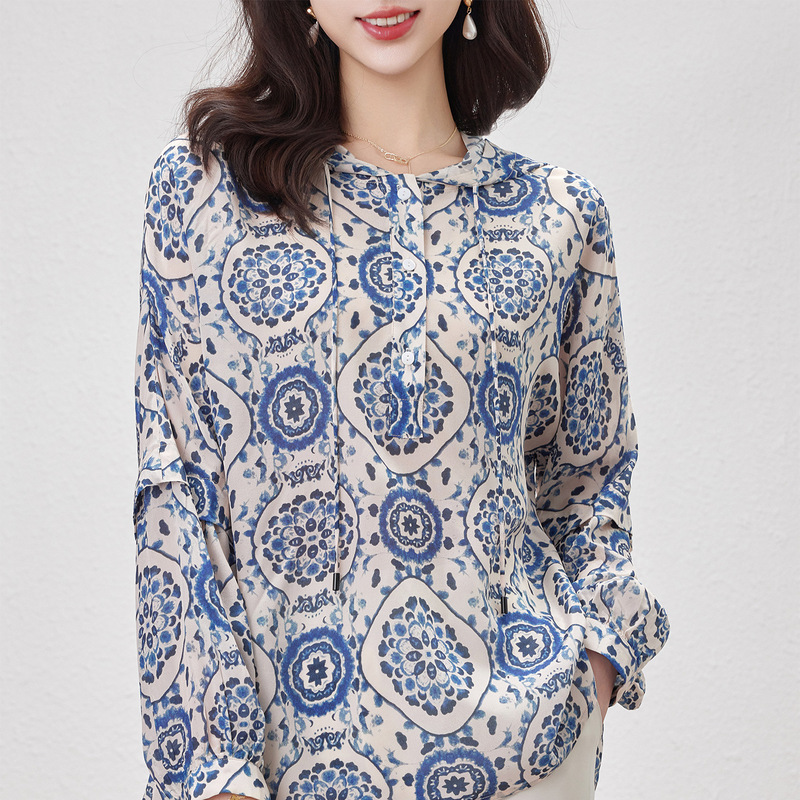 Hangzhou Double Crepe Silk Shirt Women's Long-Sleeved 2026 Summer New Style Loose Large Size Mulberry Silk Sun Protection Hooded Top Hangzhou Double Crepe Silk Shirt Women's Long-Sleeved 2026 Summer New Style Loose Large Size Mulberry Silk Sun Protection Hooded Top