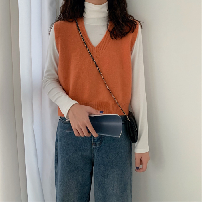 2023 otoño e invierno nuevo color sólido con cuello en V chaleco sin mangas chaleco abrigo suéter de las mujeres Chaleco de punto superior ins comercio exterior