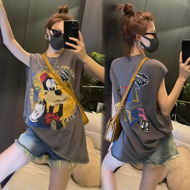 Extra Large Size 1.0-150kg Plus Size Summer New Korean Style Gaofei Dog Cartoon Print Sleeveless Vest T-Shirt Women's Top