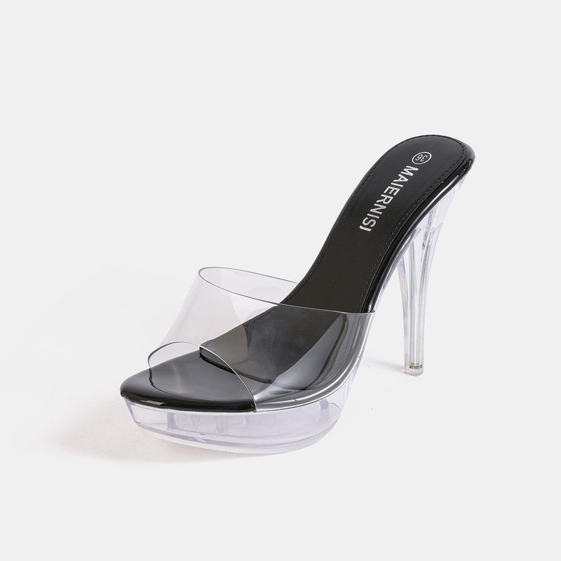 Sandal nữ quai ngang mũi hở, đế trong suốt, gót nhọn siêu cao — bạc, màu hồng, màu mơ, màu đỏ