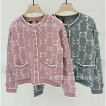 G家字母提花气质双G少女水粉圆领羊毛针织长袖开衫女装羊毛外套