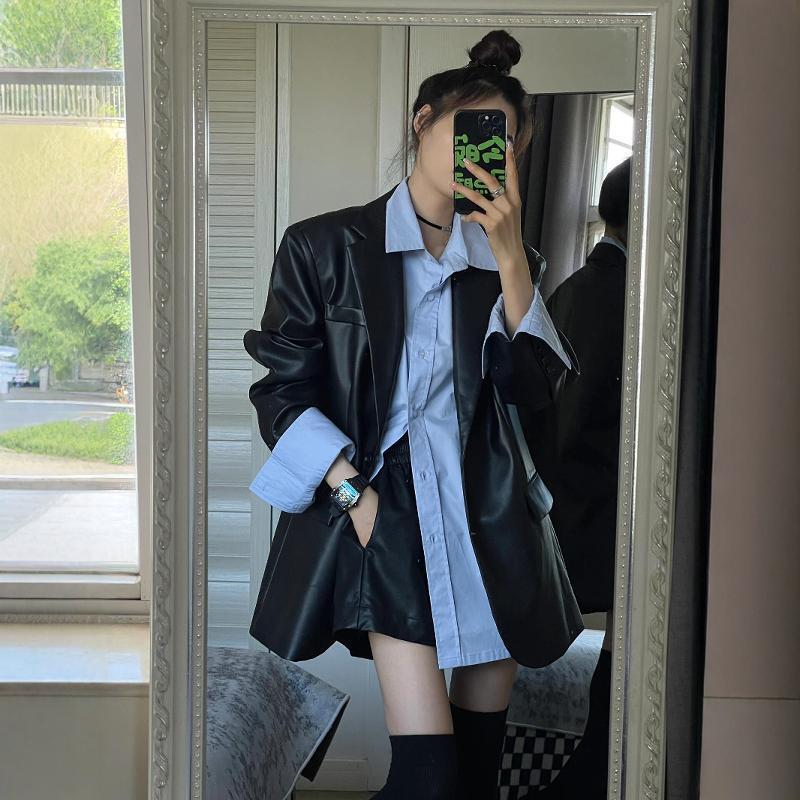 皮衣西装外套女2025早秋外套新款黑色复古宽松休闲气质高级感上衣|undefined