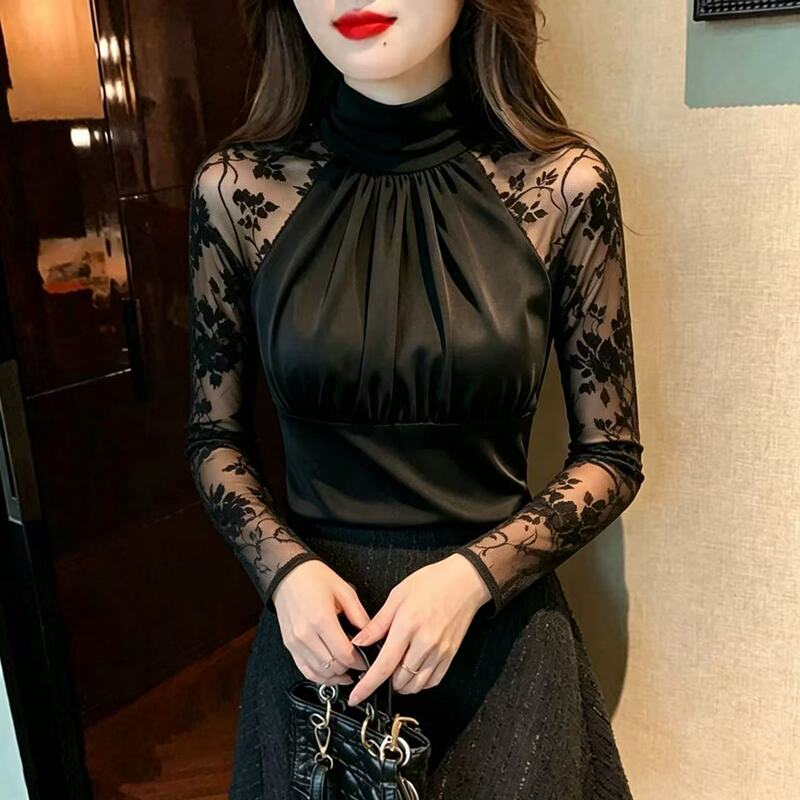 Spring and autumn slimming high-neck long-sleeve base shirt for women, featuring mesh patchwork, a sexy waist-cinching design, versatile for layering, and a lace top suitable for work or casual wear