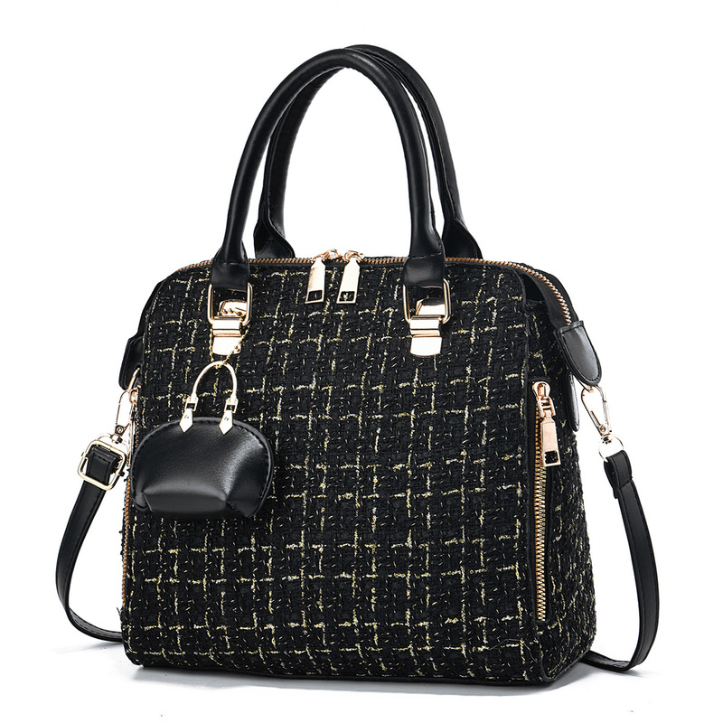 Cross-Border Hot-Selling Tweed Handbag with Mini Pendant, Fashionable Shoulder and Crossbody Bag for Women