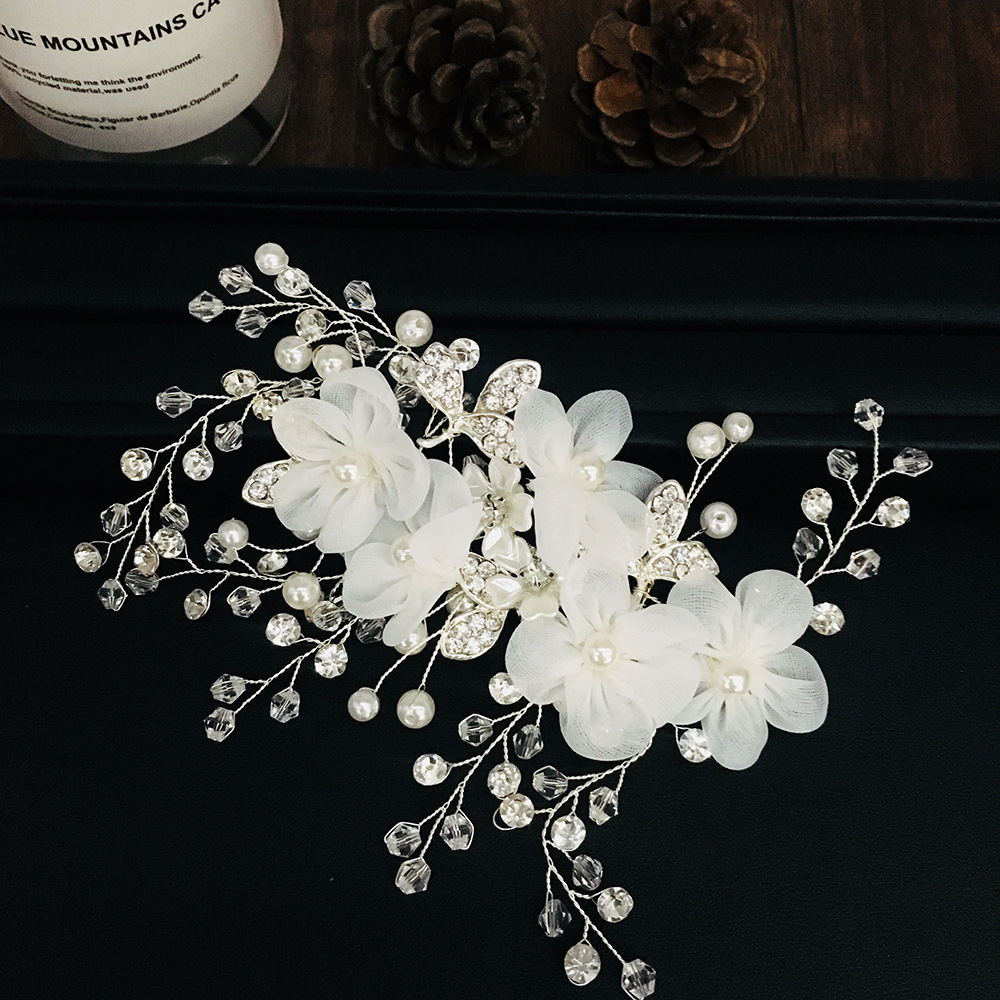 white fabric small flower leaves rhinestone bridal wedding headdress hair accessories