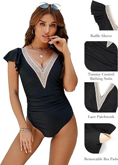 2024 New European And American Women's Multi-color Lace V-neck Ruffled One-piece Swimsuit Cross-border Direct_desvips.com