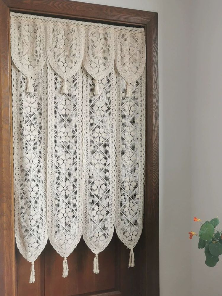 Beige Rod-Mounted Door Curtain Partition Curtain Without Punching Telescopic Rod Paste Bathroom Crochet Breathable New Style