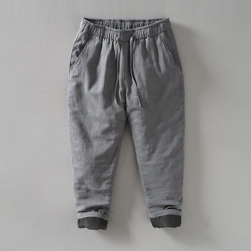 L8233 Retro Casual Elastic Waist Straight Leg Warm Thick Ramie Drawstring Long Cotton Pants for Men - Dropshipping Available