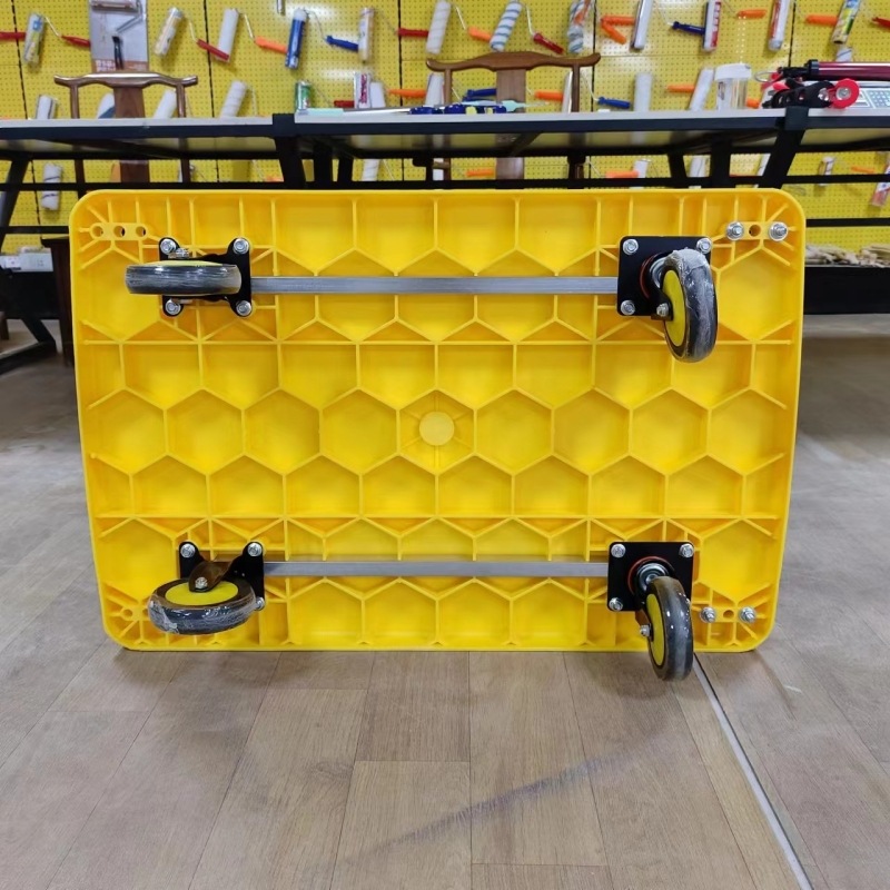 Carro de plástico, remolque de carga plano, plegable 60*90, tablero de plástico amarillo, refuerzo, carro de plástico de panal