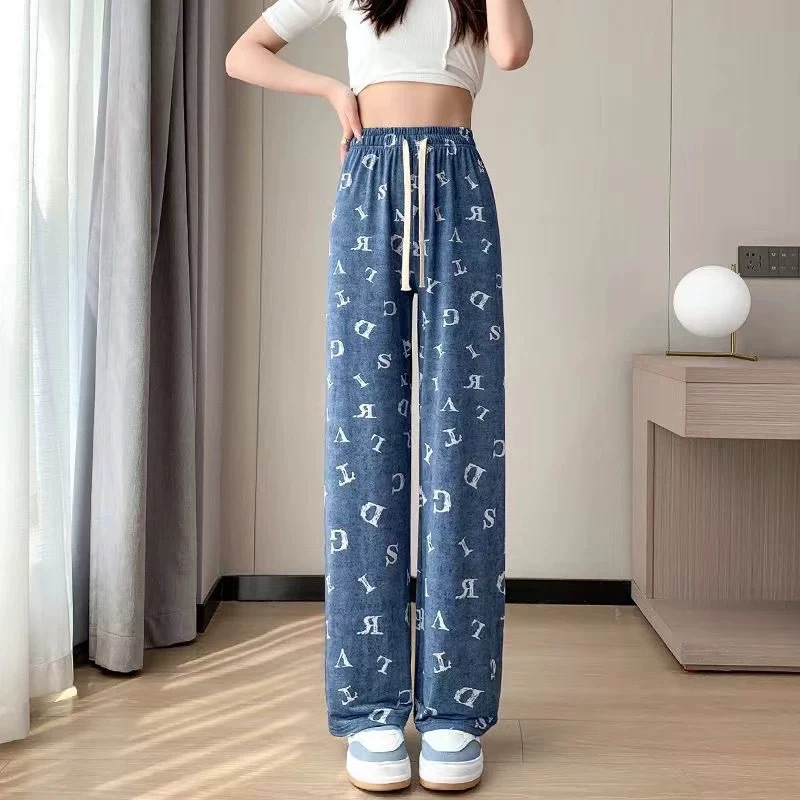 Pantalones anchos de mezclilla de seda de hielo Pantalones casuales delgados con estampado de seda de verano para mujer Pantalones de trapeador de cintura alta sueltos de cintura alta