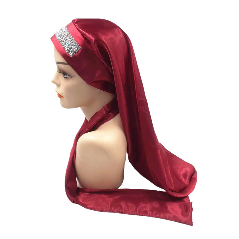 Cross-border Amazon wide-brimmed solid color colored diced drilling long hair cap long belt long tube hair care cap hairdressing cap nightcap