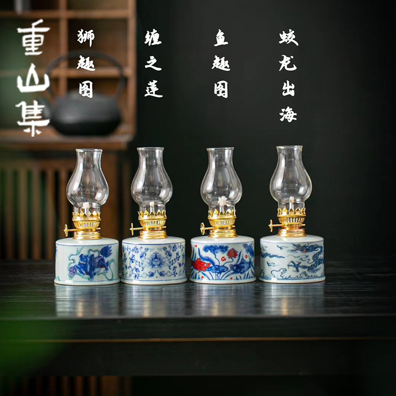 Ceramic butter lamp camping ambient light home antique small oil lamp eternal lamp Buddhist offering decor tea room gift