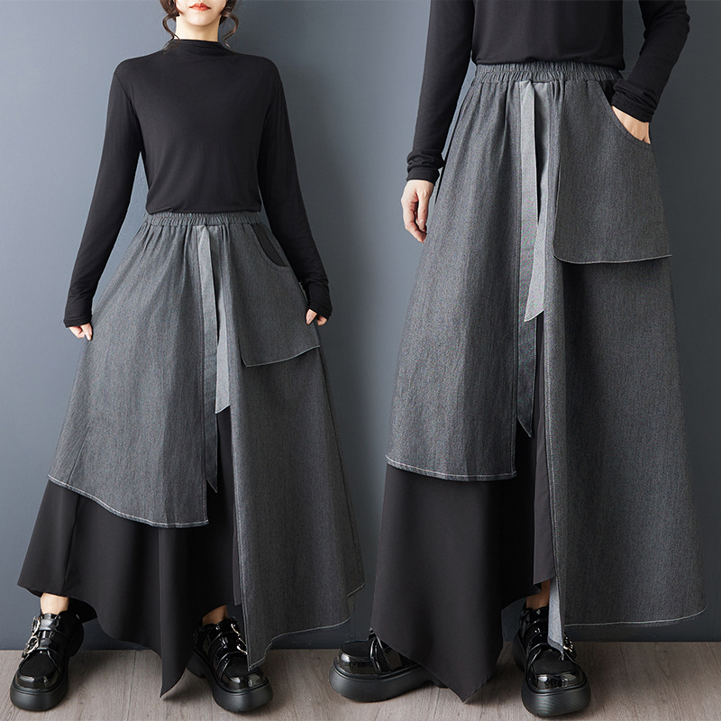 Real Shot of the New Spring and Summer Dark Style Splicing Slimming White Line Long Skirt Fashionable Irregular Versatile Denim Skirt