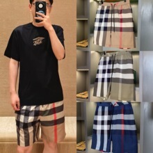 三biao齐全跨境原版bur男士经典格子短裤夏季英伦风条纹抽绳沙滩