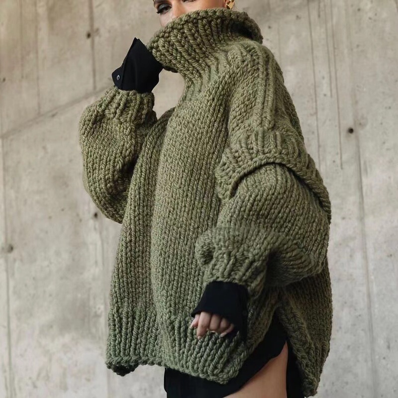 Cross-Border Sweater Foreign Trade European and American Thick Needle Sweater Amazon Pullover Sweater Women's Fluffy Long-Sleeved Turtleneck Sweater